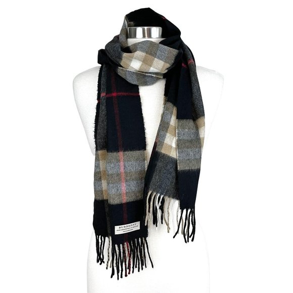 Burberry Classic Check Plaid 100% Cashmere Scarf Black White Beige 72" x 12.5"